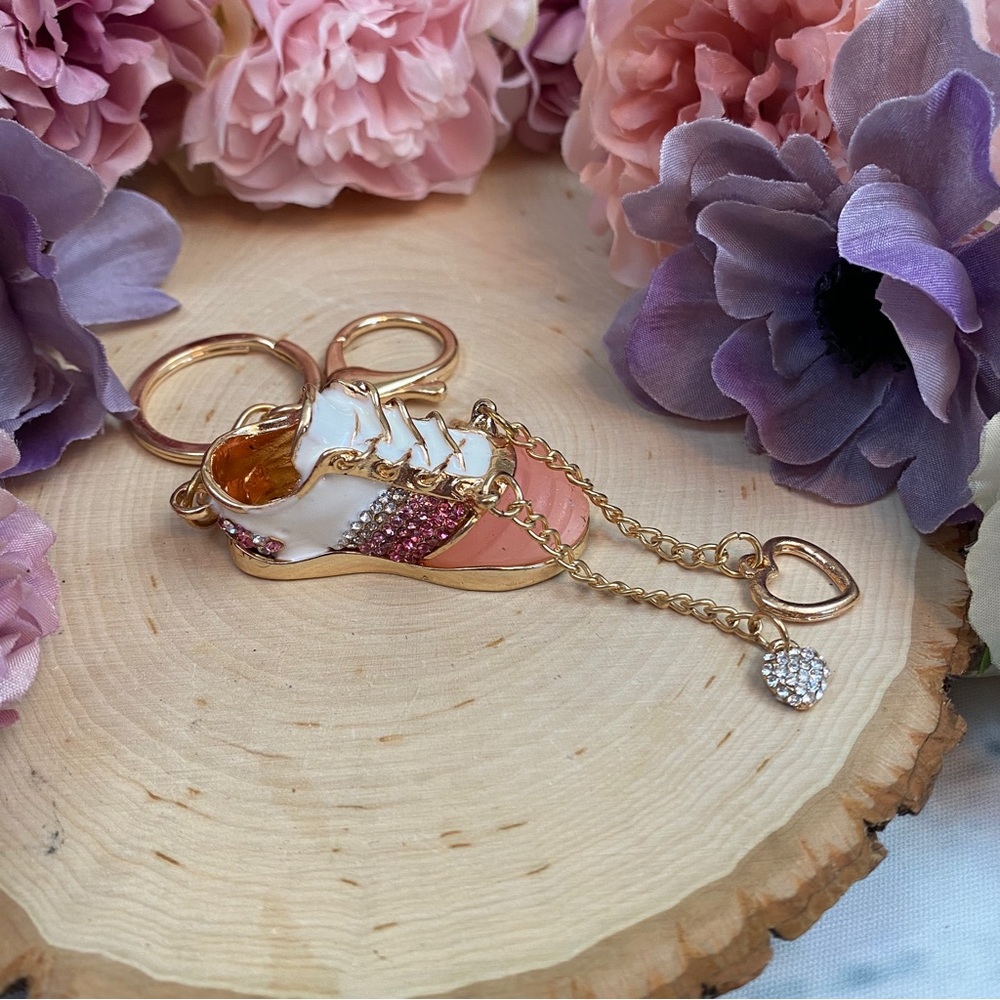 Pink and White Baby Tennis Shoe Crystal Keychain Charm - Picture 7 of 10